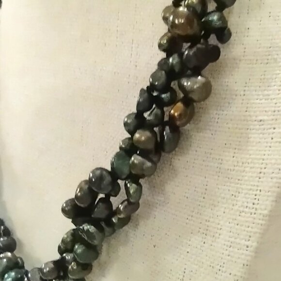 3 STRAND Dark Green BAROQUE FRESHWATER PEARL NECKLACE Choker Silver Tone - Picture 3 of 6